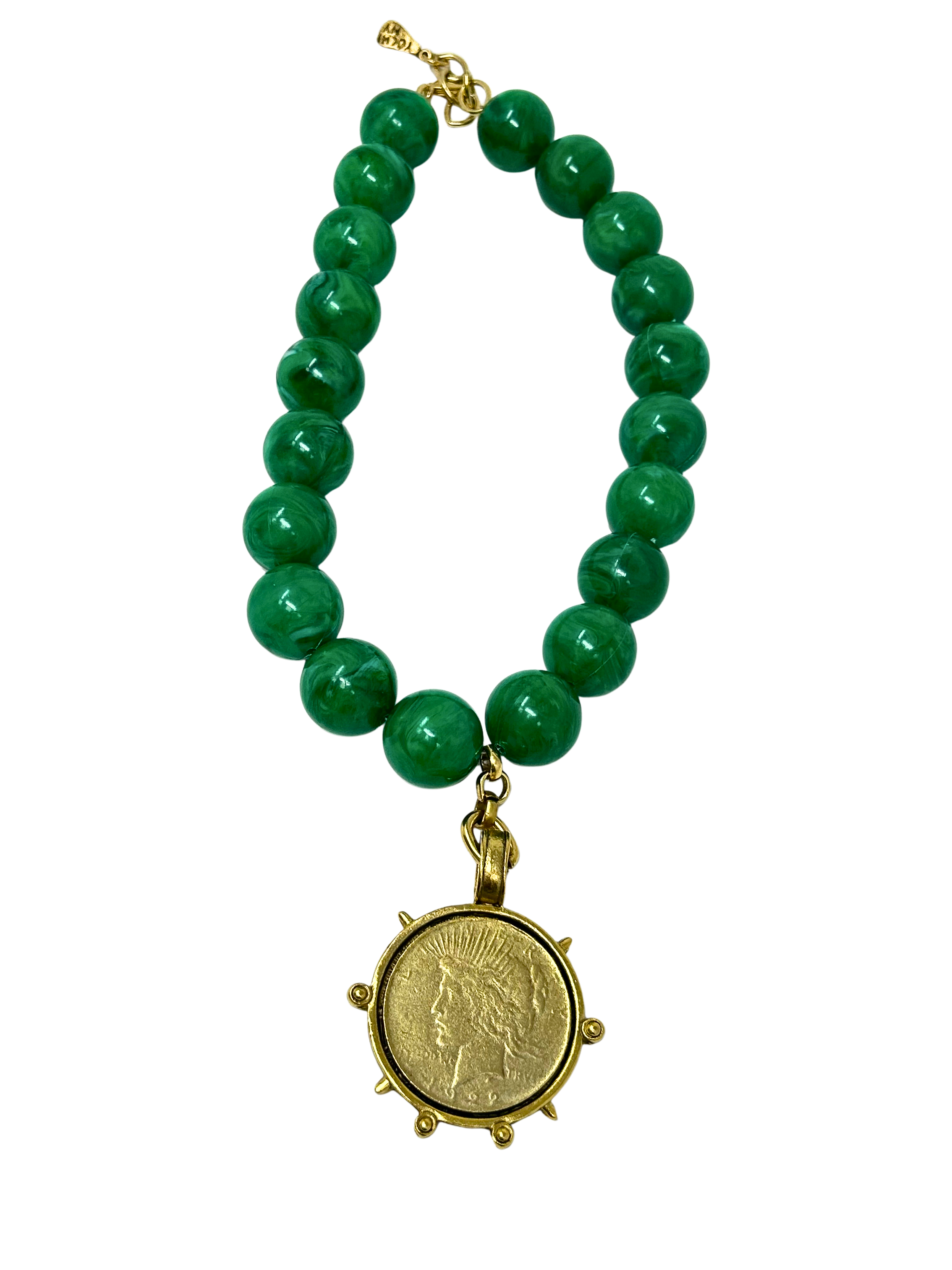 Vintage 18-inch necklace featuring green marbled beads and a gold-tone coin medallion pendant.