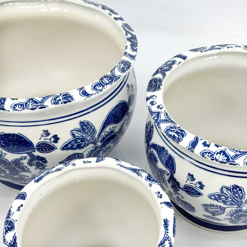 Round blue and white ceramic planter with chinoiserie fluting pattern
