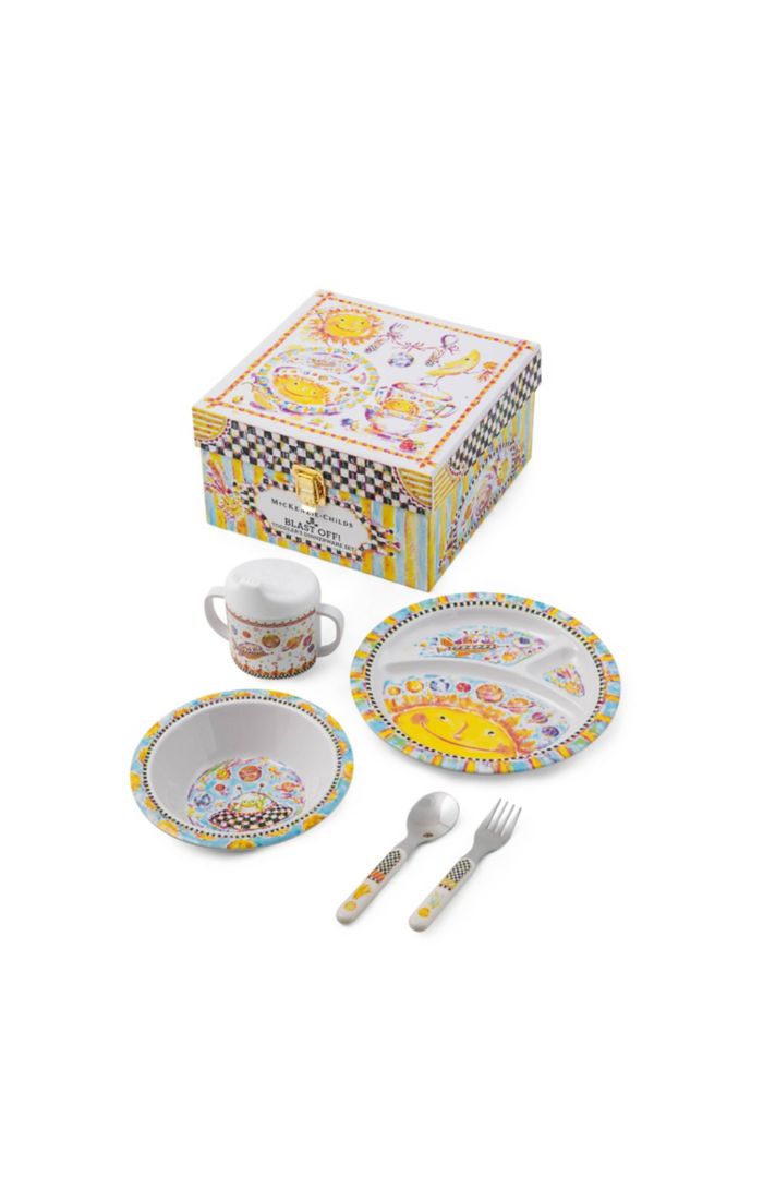 Toddler dinnerware set with rocket ship plate, bowl, cup, cutlery in white melamine.
