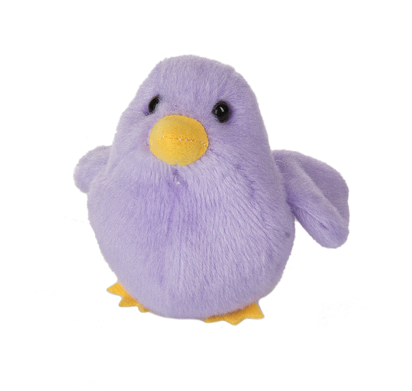 Plush purple chick toy with yellow beak and feet, 3.5 inches tall.