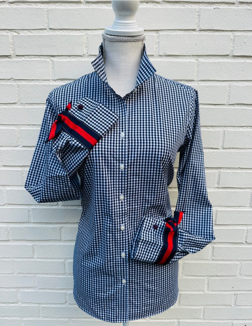 Navy gingham Audrey Ribbon Fc shirt with striped grosgrain ribbon collar and silk knot cufflinks.