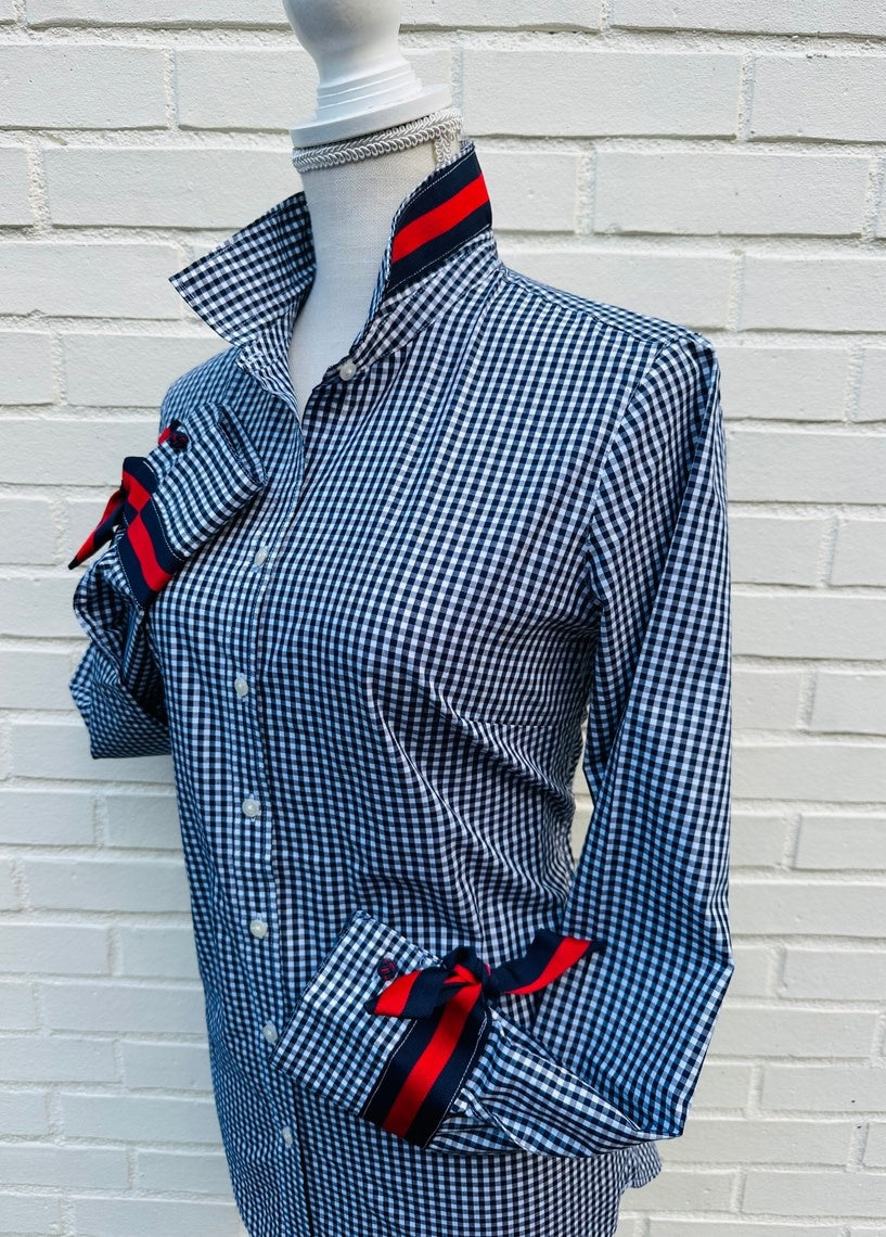 Navy gingham Audrey Ribbon Fc shirt with striped grosgrain ribbon collar and silk knot cufflinks.