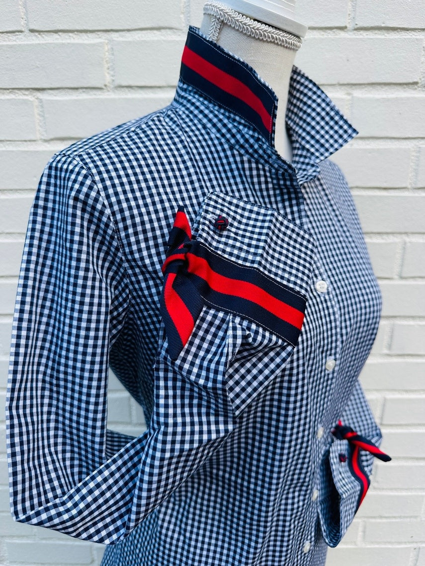 Navy gingham Audrey Ribbon Fc shirt with striped grosgrain ribbon collar and silk knot cufflinks.
