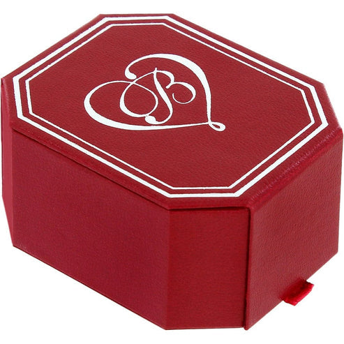 Red octagonal gift box with a white heart and script letter B logo on the lid.