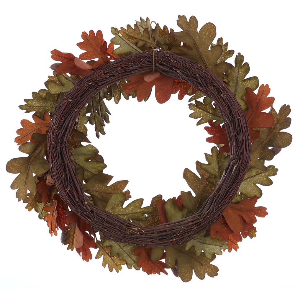 26-inch wreath featuring brown and green polyester oak leaves and acorns on a twig base.
