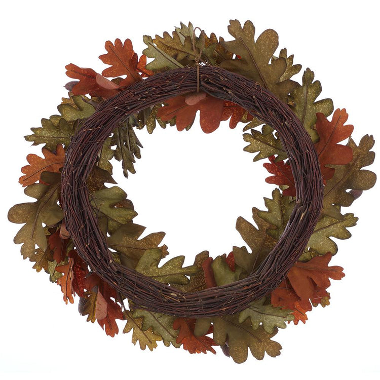 26-inch wreath featuring brown and green polyester oak leaves and acorns on a twig base.