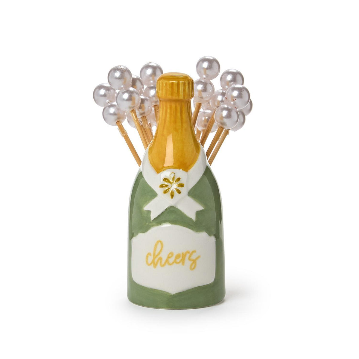 Green ceramic champagne bottle pick holder with 20 pearl-topped bamboo cocktail picks.