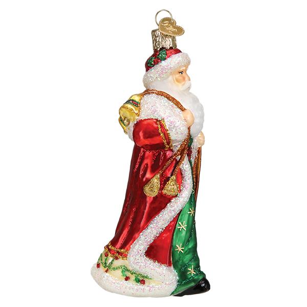 Father Christmas glass ornament in a red and green robe with glitter trim and gold bells.