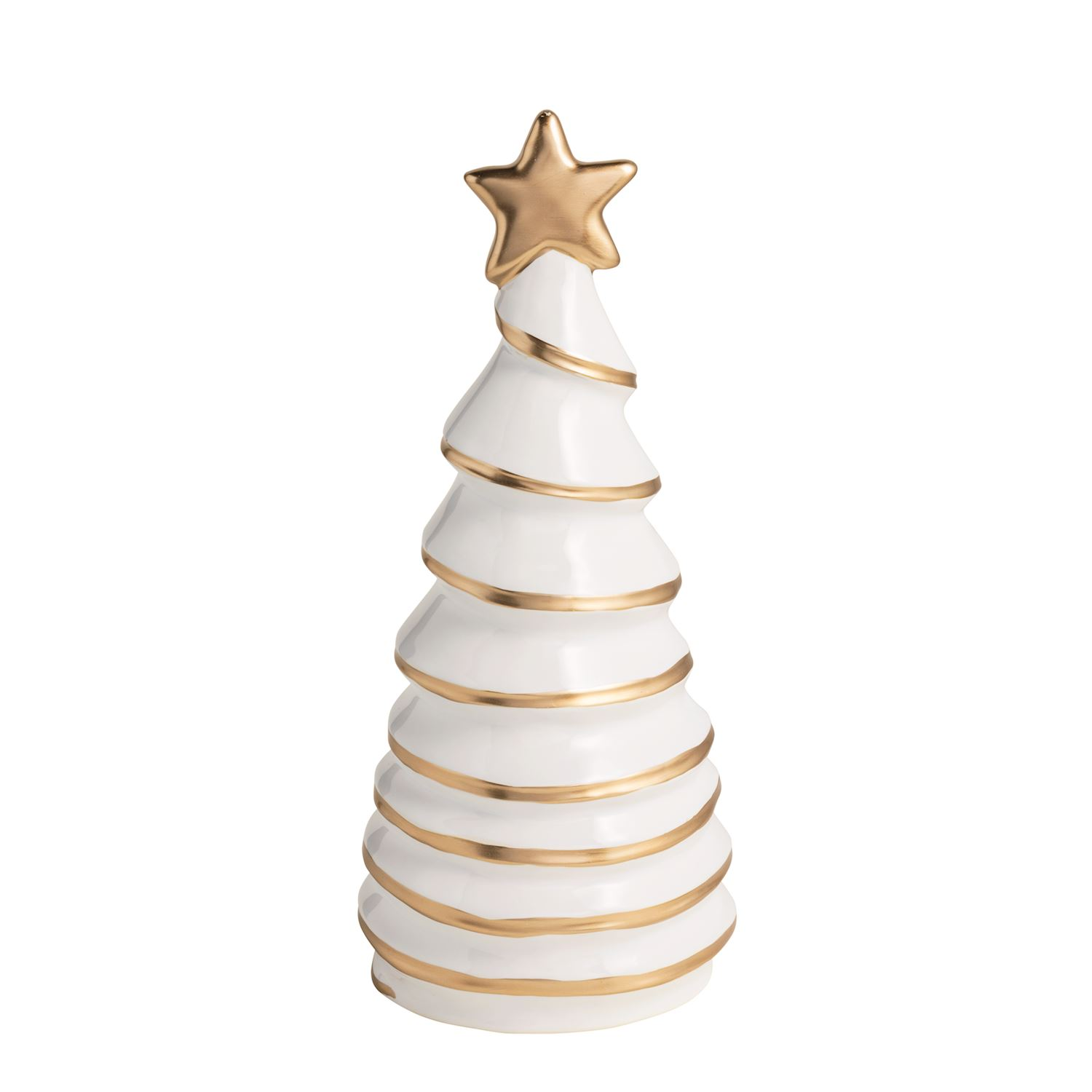 White stoneware Christmas tree sitter with hand-painted gold stripes and a gold star topper.