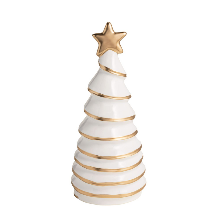 White stoneware Christmas tree sitter with hand-painted gold stripes and a gold star topper.