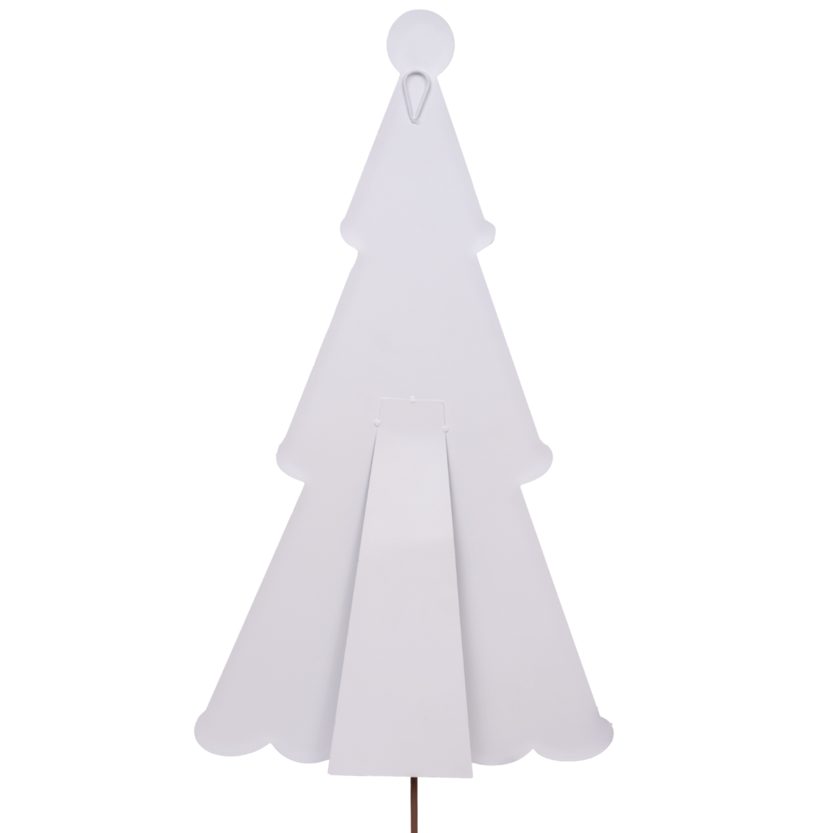 Red candy cane Christmas tree stake with white stripes on a green background.