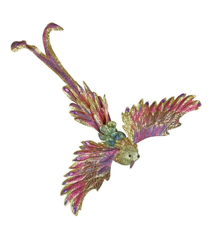 13-inch glitter bird clip ornament with shimmering gold, pink, and purple wings and long tail.