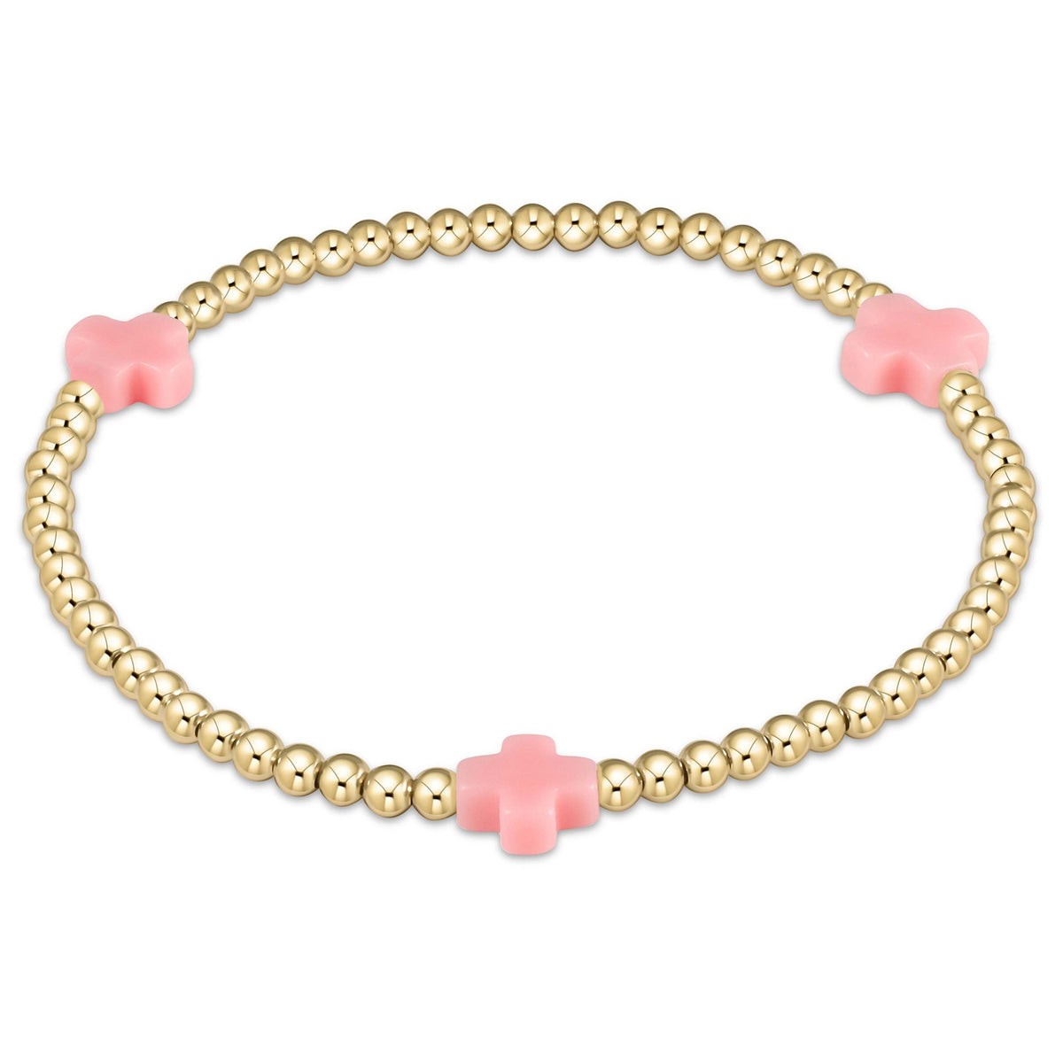 3mm gold-filled bead bracelet featuring a signature cross pendant on elastic cord