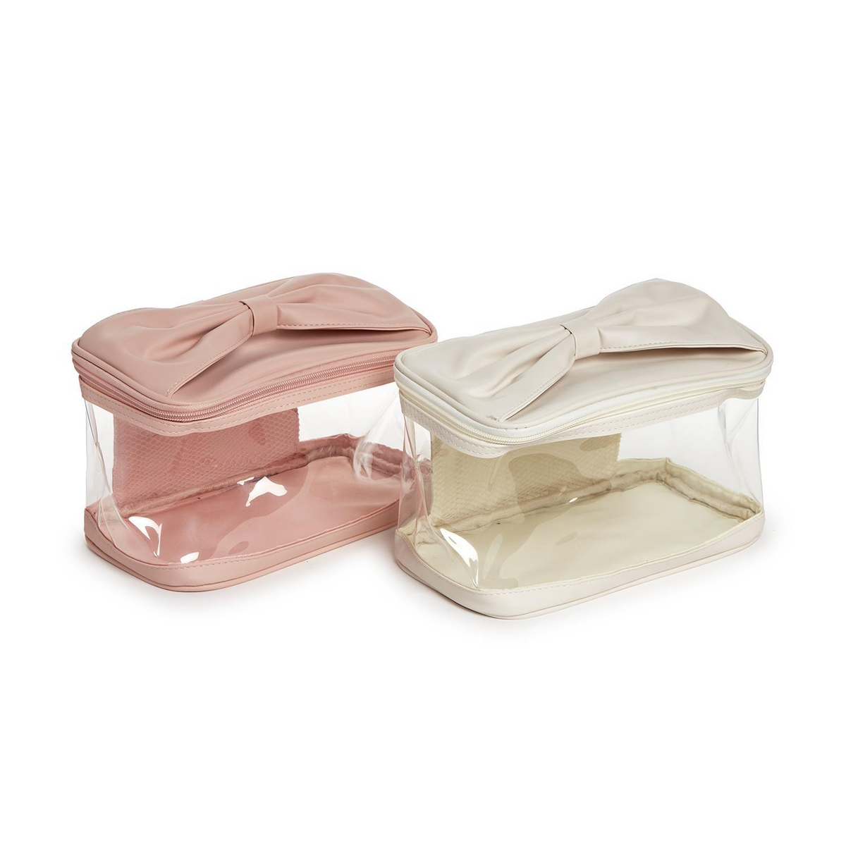 Two see-through cosmetic cases in pink and cream with a decorative bow on the zip-around lid.