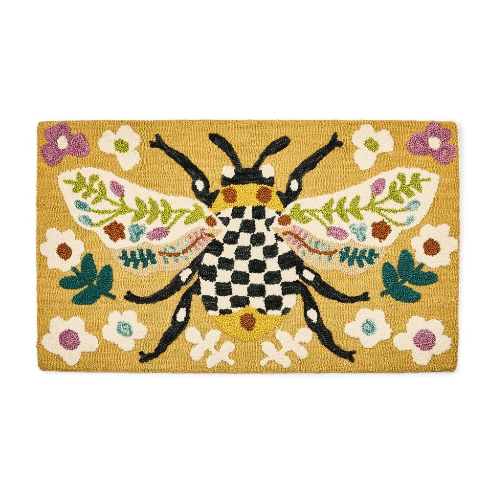 Autumn Bee wool rug featuring a regal bumblebee with black and white check pattern on beige background.