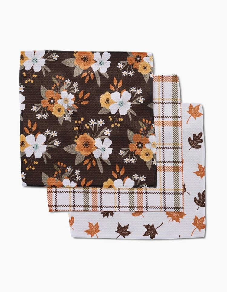Set of three waffle weave dishcloths in autumnal serenade colors with single-sided prints and hang loops.