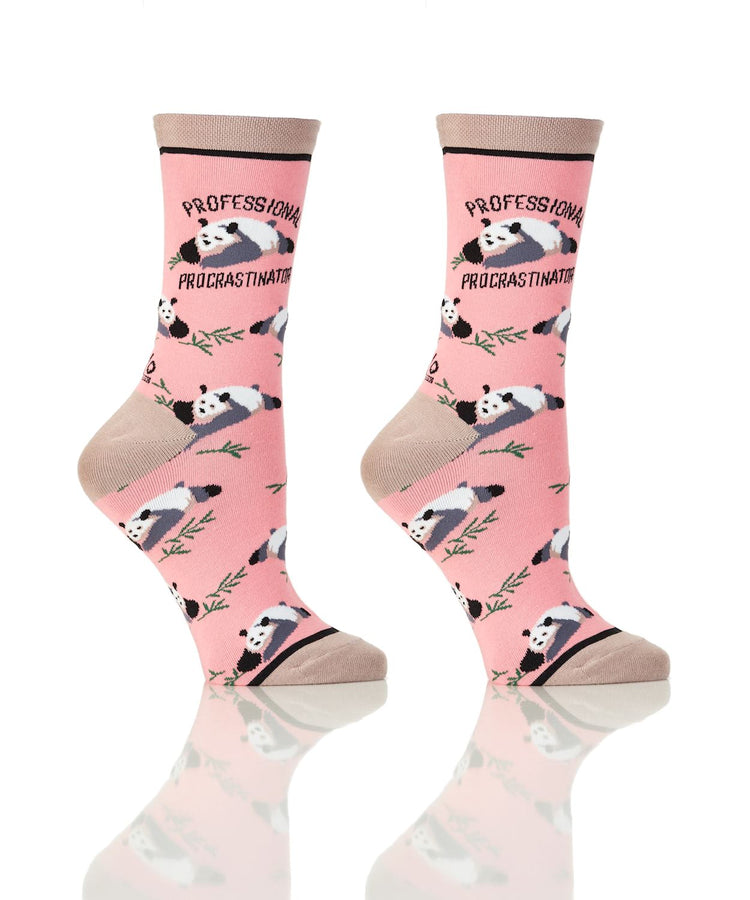 Pink women's crew socks featuring a panda pattern and the text PROFESSIONAL PROCRASTINATOR.