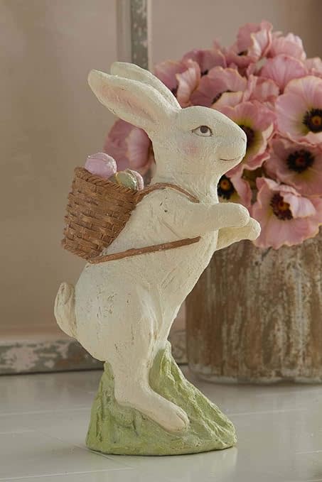 White resin bunny figurine with glitter finish measuring 10.5 inches tall.