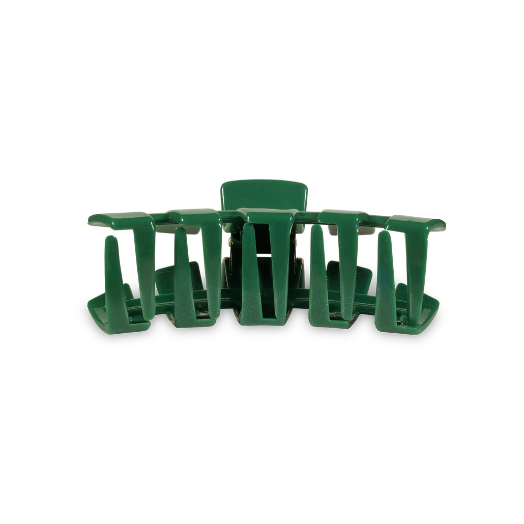 Small dark green classic hair claw clip with a rectangular design and five teeth on each side.