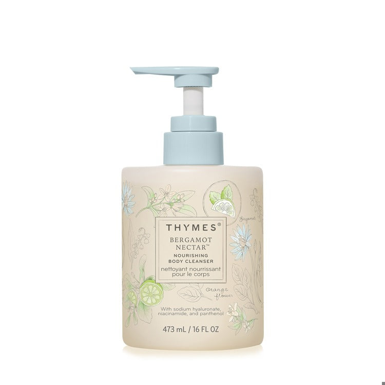 Bergamot Nectar body cleanser in a white bottle with natural botanical accents