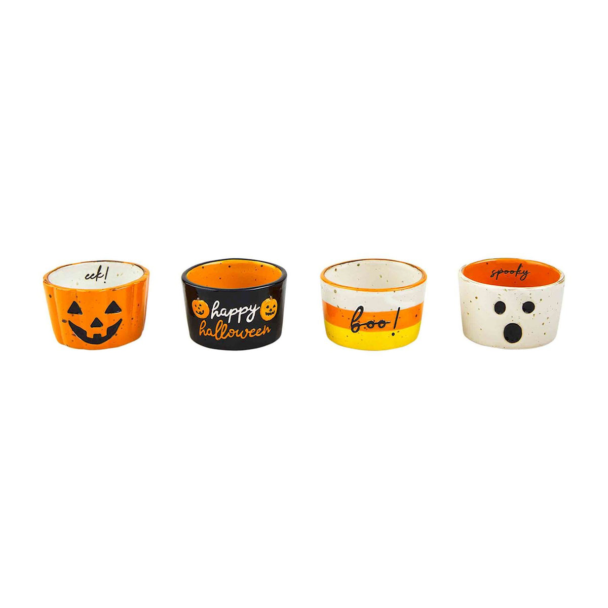 Two stoneware Halloween Tidbit ramekins with a black rim on white.