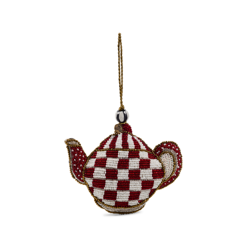 Cherry Check Teapot Beaded Ornament with red and white checkered pattern and gold hanging cord.