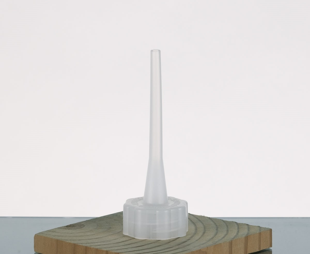 Translucent plastic Wolfard Filler Spout with a long, narrow tip and a wide, threaded base.