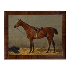 Vintage 24x18 linen print of a saddled brown horse in a dark wood frame.