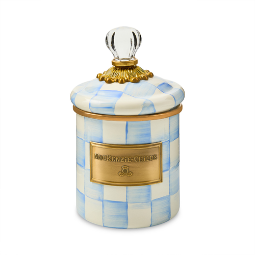 Hand-glazed steel canister with hand-painted Sky Blue Checks pattern on a bronzed stainless rim and brass accents.