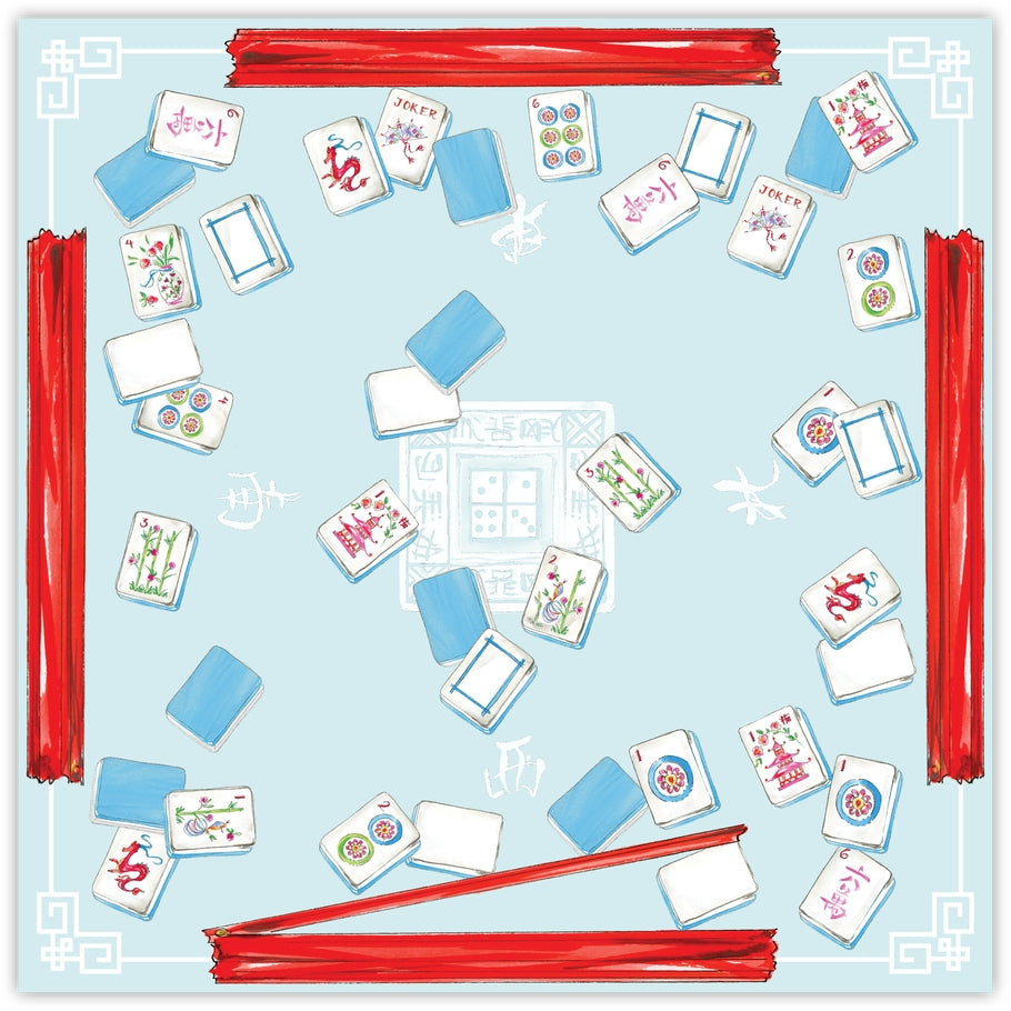 Square paper placemat featuring a light blue background with an illustrated mahjong tile pattern.