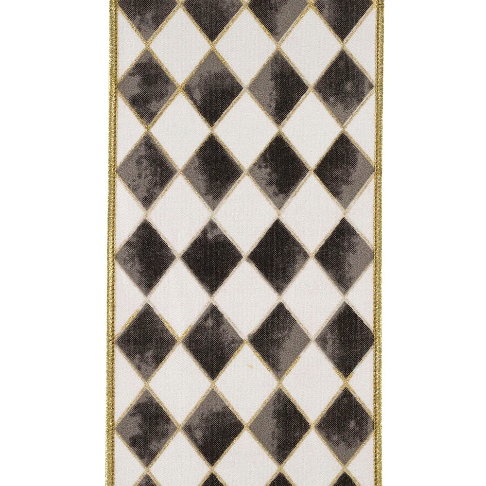 4 inch black and white harlequin diamond ribbon with gold gilded wired edges.