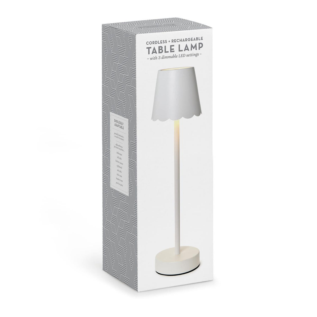 Cordless LED table lamp with iron base and scalloped edge shade in warm white light