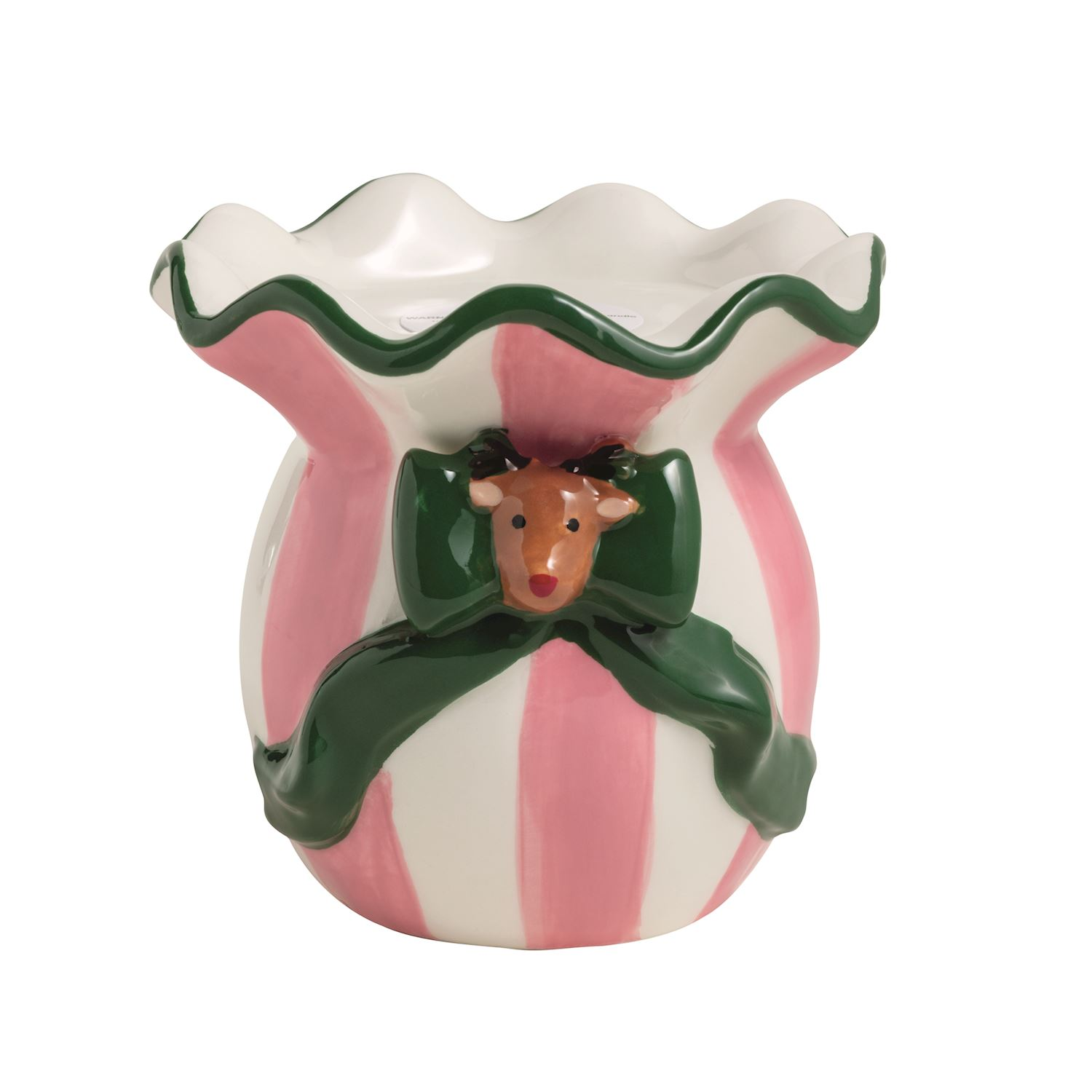 Pink and white striped ceramic pillar holder with a green bow and reindeer icon.