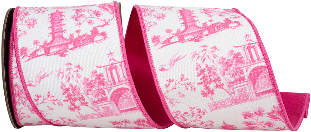 Pink ribbon Asian Vista Chinoiserie wired edge decorative screen with delicate floral pattern