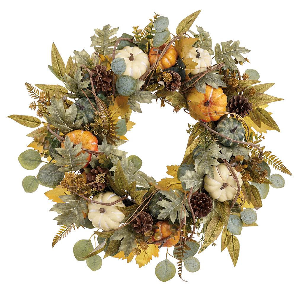 26-inch autumn wreath with orange, beige, and green pumpkins, pine cones, and mixed fall foliage.