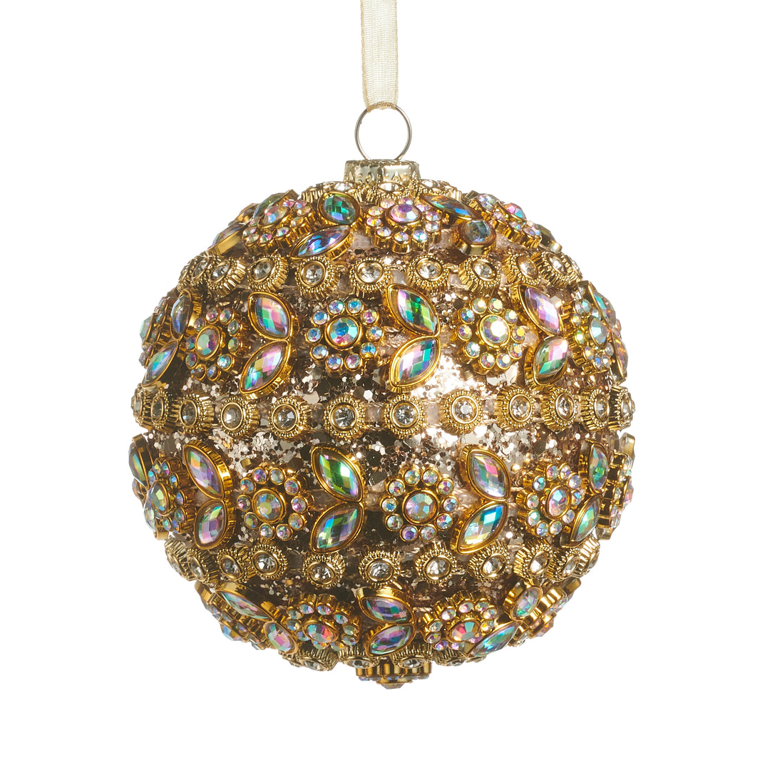 3.5-inch gold ball ornament decorated with iridescent jewels and glitter, hanging from a ribbon.