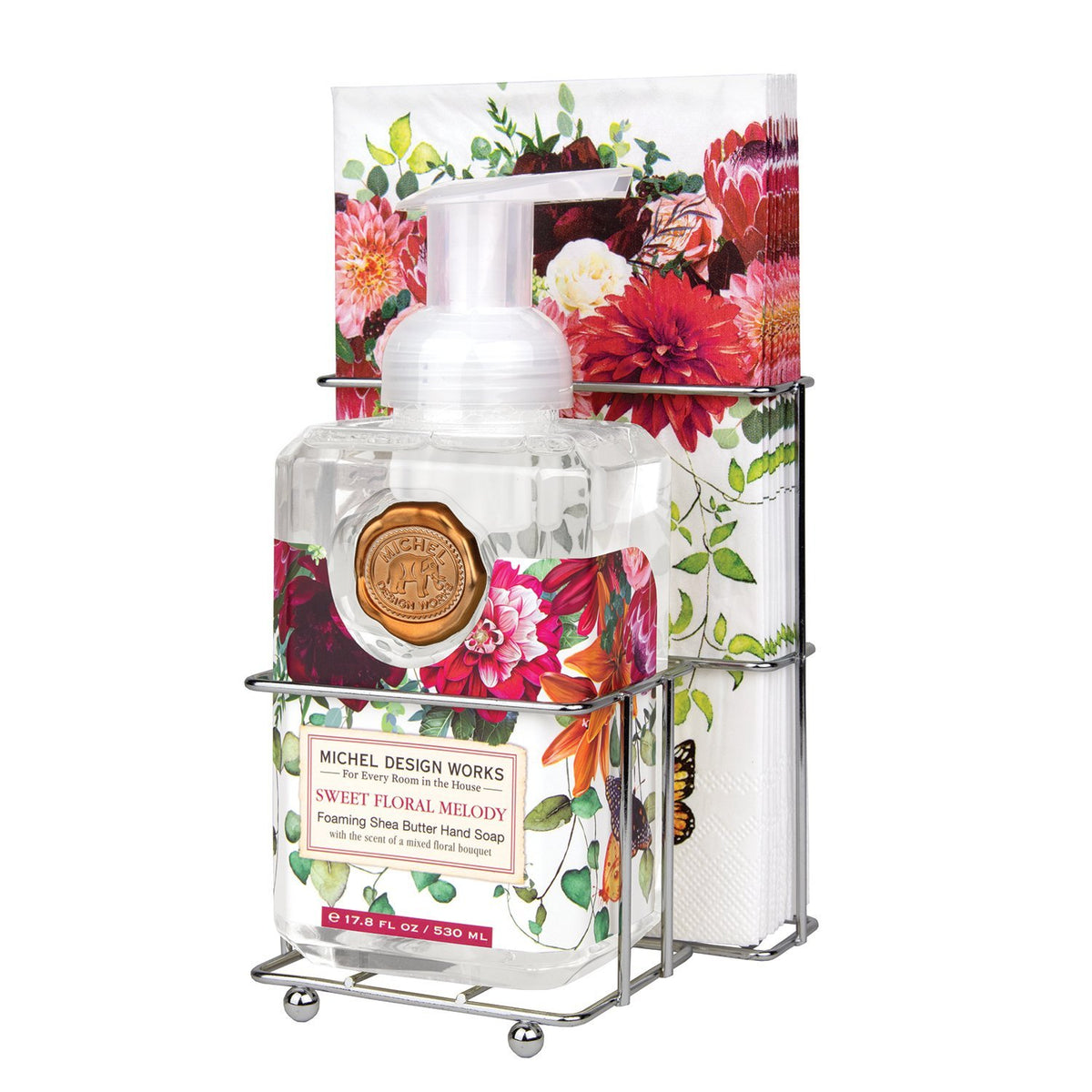 Foaming soap dispenser with matching napkin holder set in neutral tones