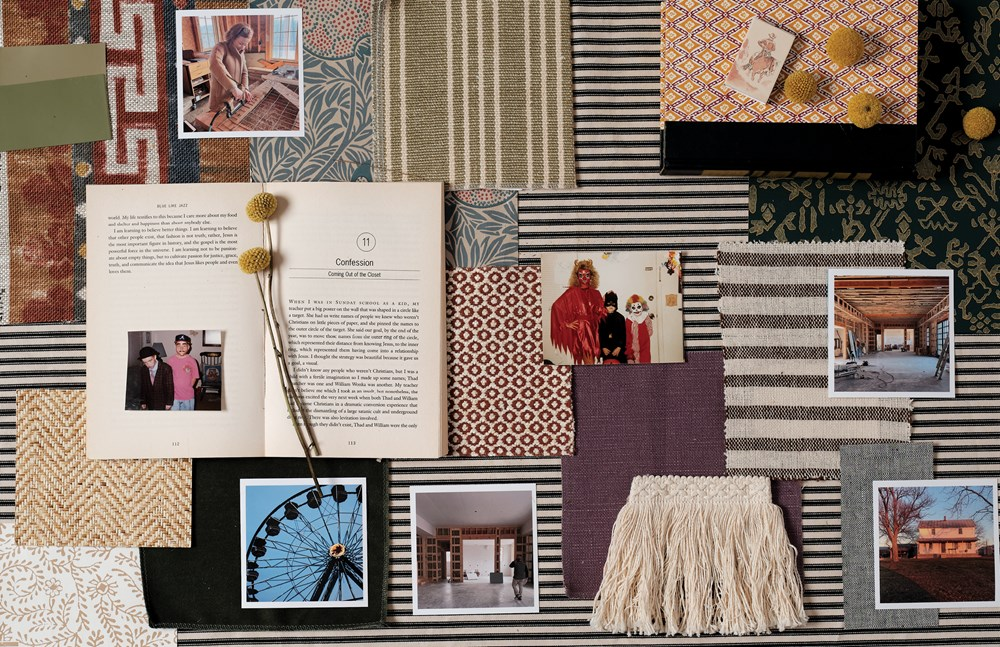Mood board with fabric swatches, vintage photos, and an open book titled Interiors of A Storyteller.
