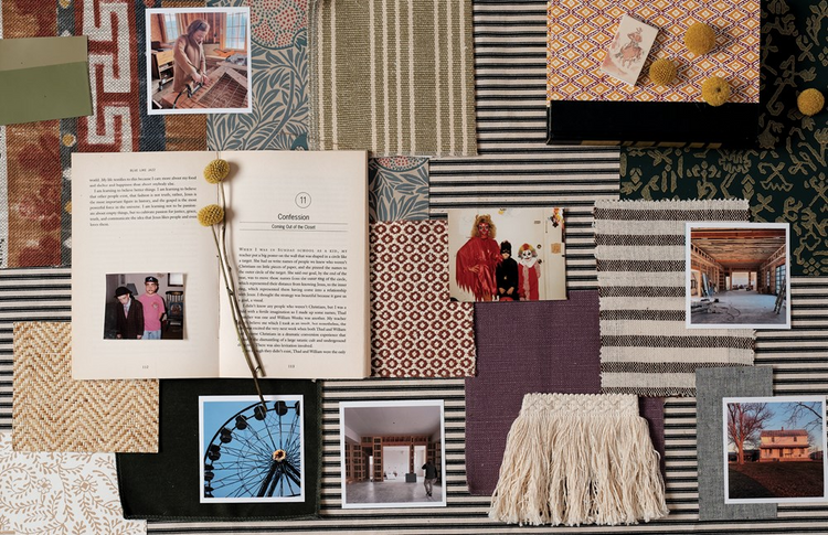 Mood board with fabric swatches, vintage photos, and an open book titled Interiors of A Storyteller.