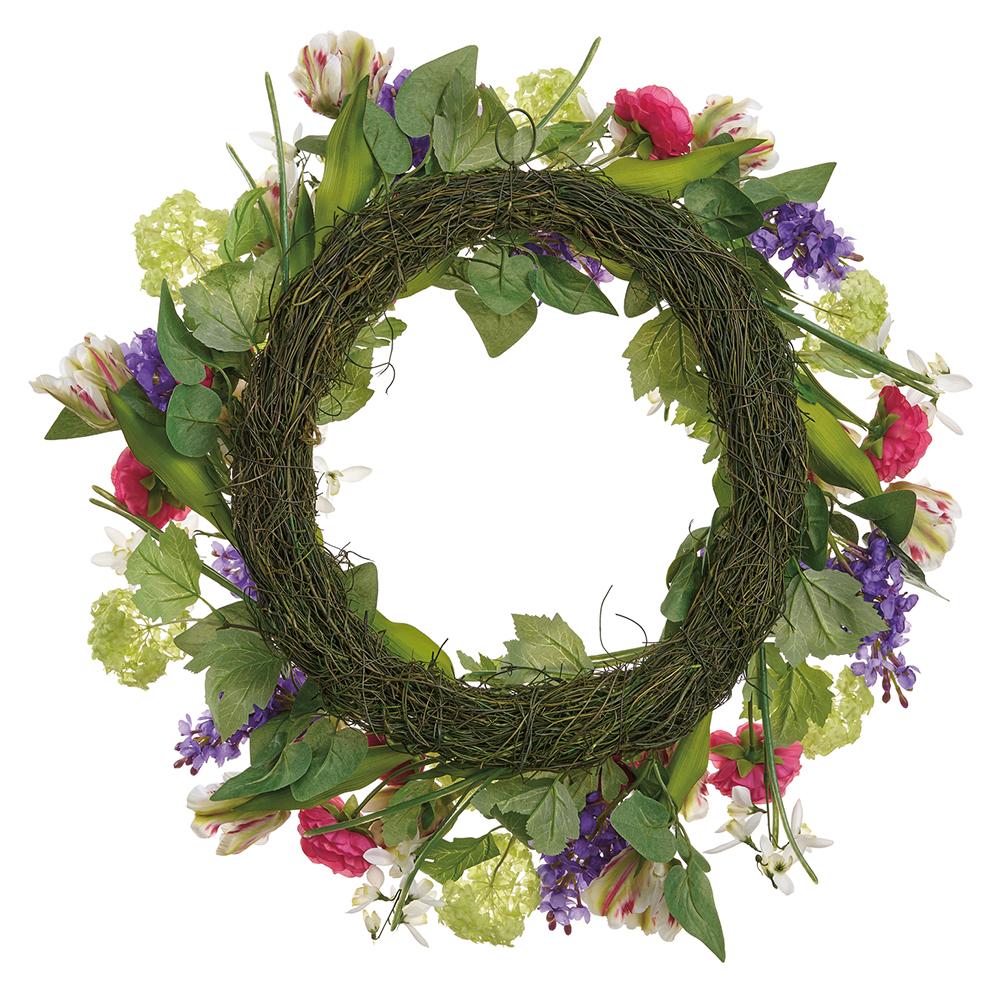 Polyester wreath with snowball, lilac, tulip flowers, China dodder vines on a wire frame.