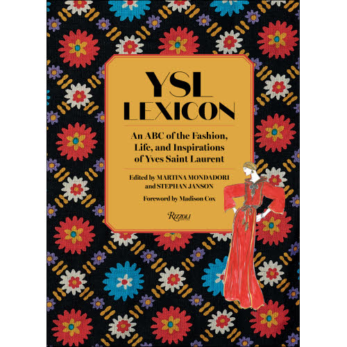YSL Lexicon book cover with a floral pattern and a drawing of a woman in a red dress.