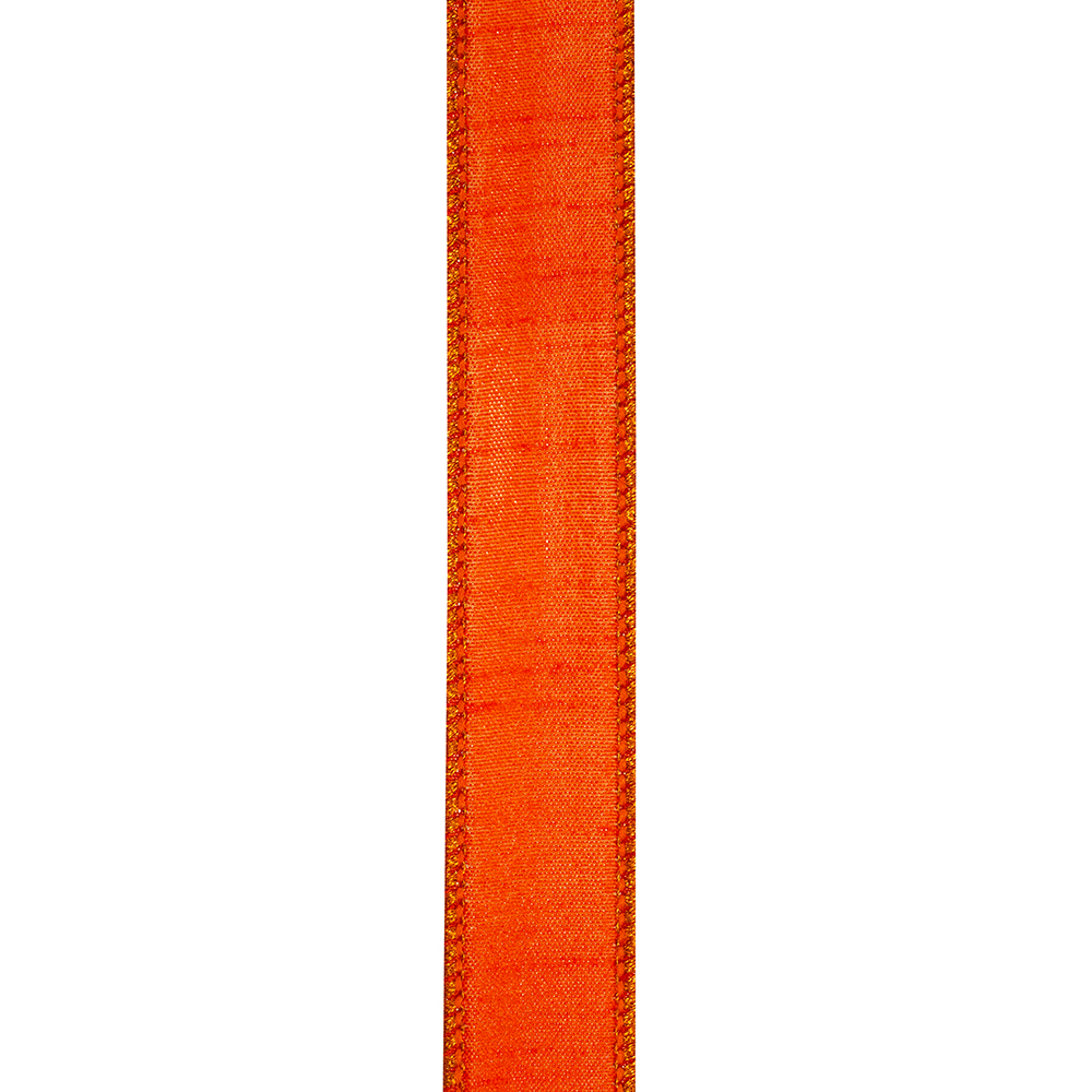 Orange shimmer crepe dupioni ribbon with wired edges shown vertically on a white background.