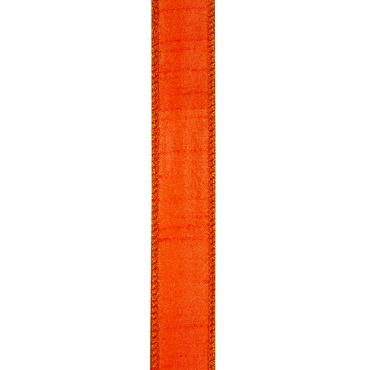 Orange shimmer crepe dupioni ribbon with wired edges shown vertically on a white background.