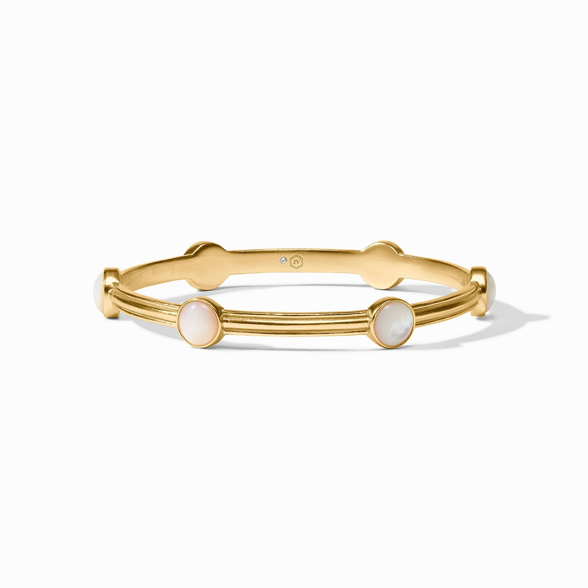 Gold Essex Stone Bangle with four round white mother of pearl stones set in a ridged band.