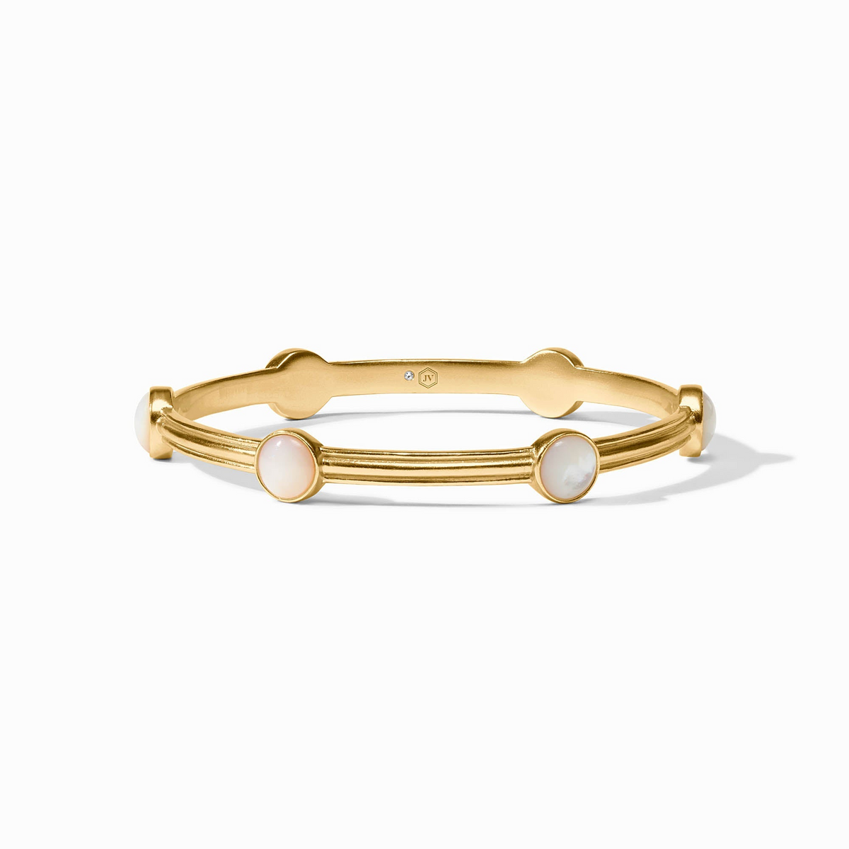 Gold Essex Stone Bangle with four round white mother of pearl stones set in a ridged band.