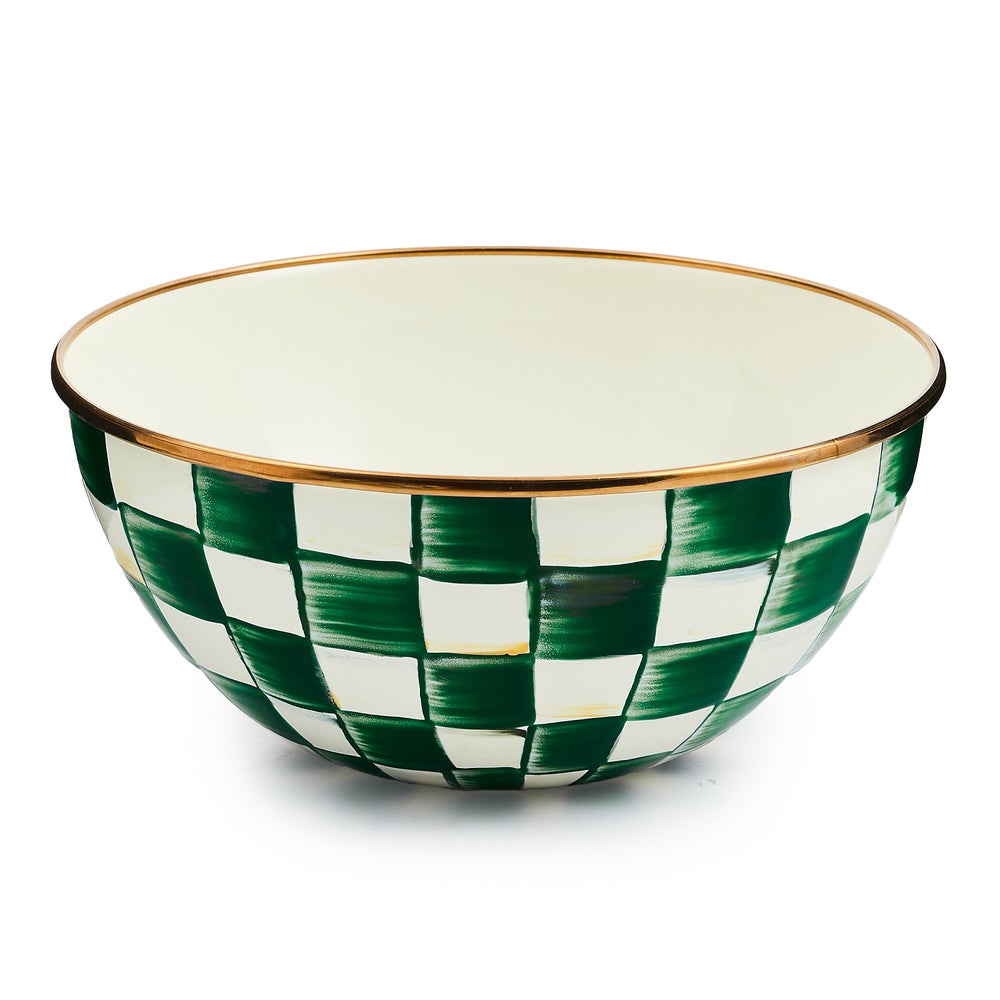 Emerald check enamel everyday bowl with hand-painted green patterns on steel body.
