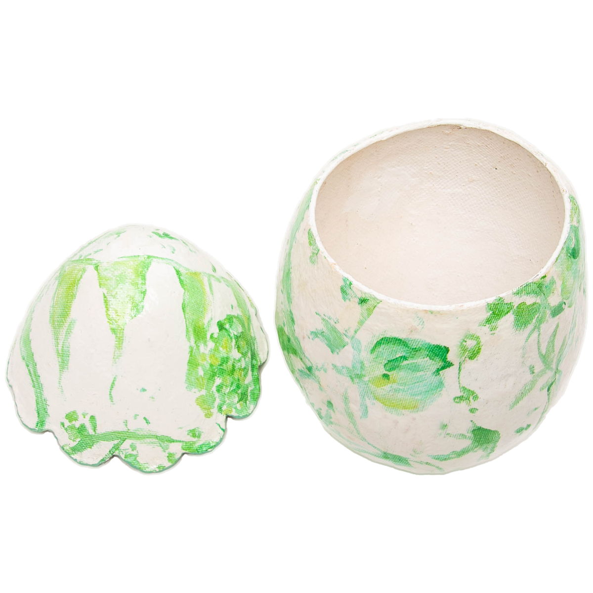Green scallop egg-shaped candle holder with Chinoiserie floral pattern