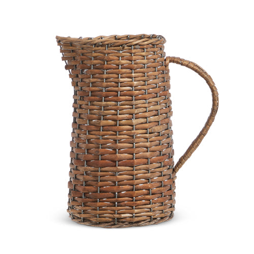 Natural wood woven pitcher with a cylindrical silhouette measuring 8.75 inches long by 6 inches wide.