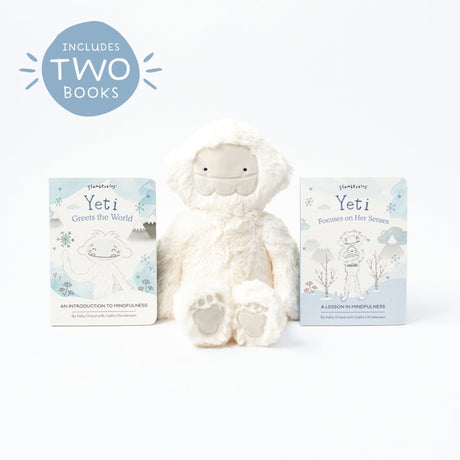 Yeti's Mindfulness Kin Set featuring a white plush yeti toy and two board books.