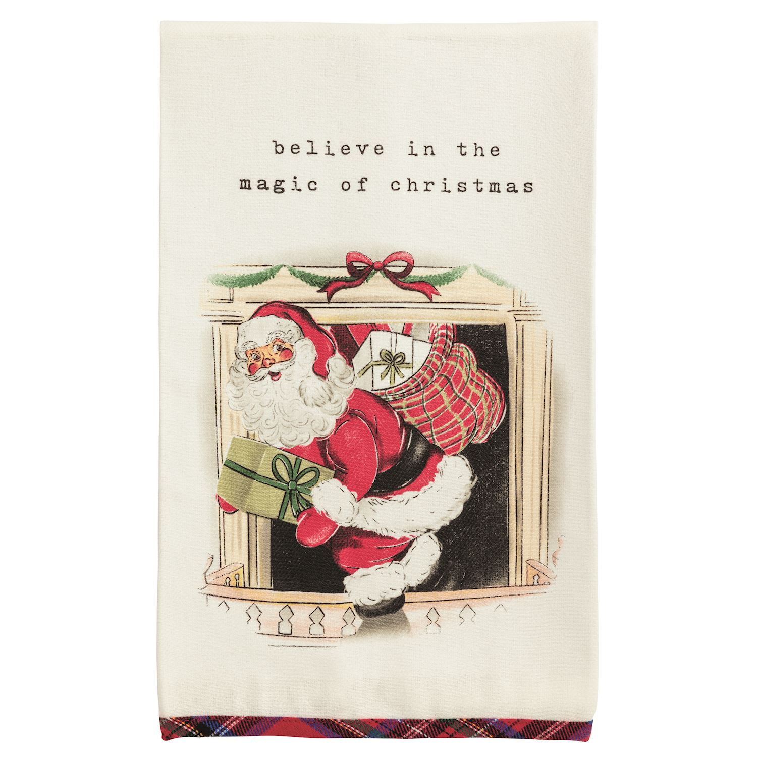 Cotton hand towel with Santa illustration, 'believe in the magic of christmas' text, and tartan hem.